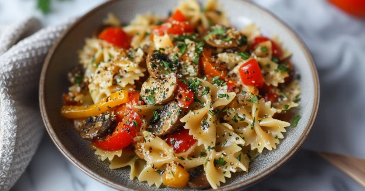 bow tie pasta tossed with garlic, olive oil, sautéed bell peppers, mushrooms, and cherry tomatoes, garnished with fresh parsley and black pepper.